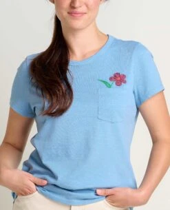 Toad & Co - Women's Primo Short Sleeve Crew -Prana Clothing Shop T1001915 Weathered Blue Embroidery 3